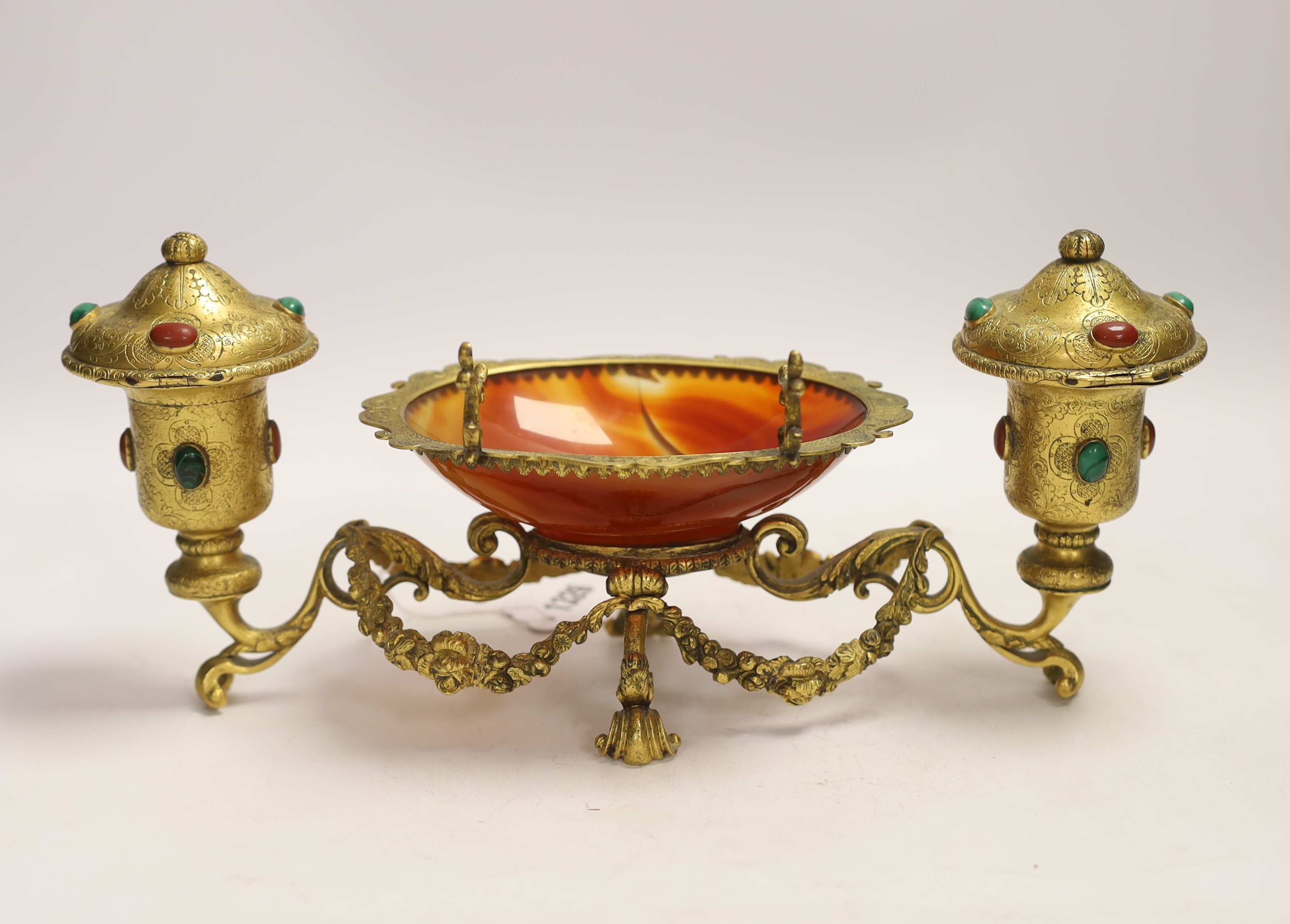 A late 19th century French ormolu and agate inkstand, 32cm wide